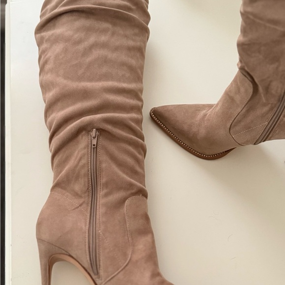 Elegant Tan Micro-Suede Knee-High Boots 4” heels - Picture 2 of 4